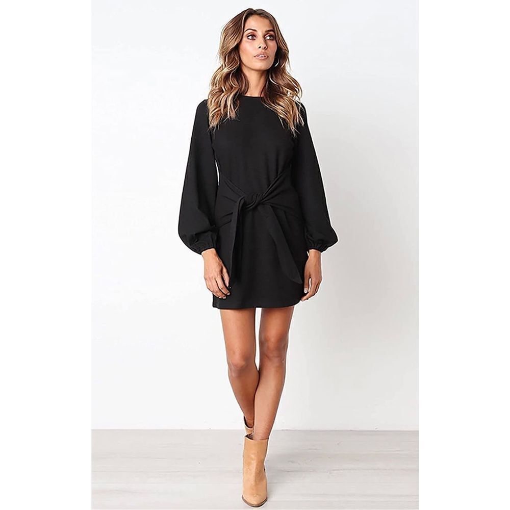NEW PRETTYGARDEN Long Lantern Sleeve Dress Tie Waist Dress S